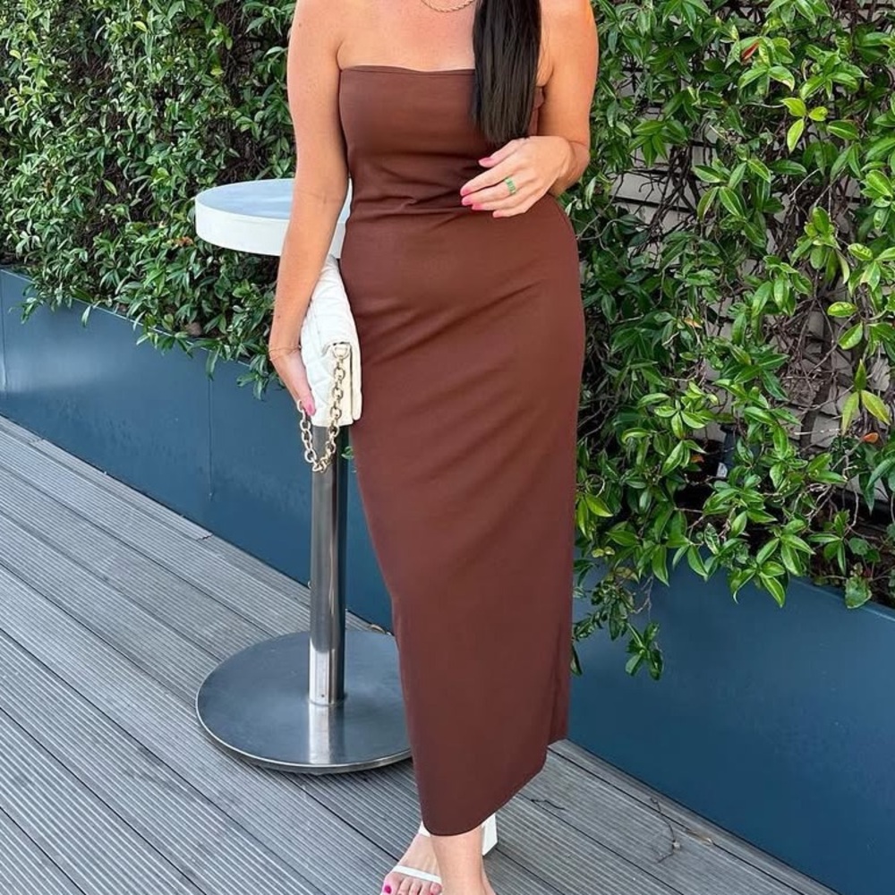 ASOS Strapless Midi Dress in Brown